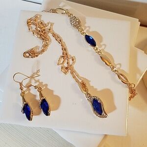 Dark Blue Rhinestones Gold Tone Set of 3